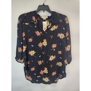 Wishful Park Floral Blouse V-Neck 3/4 Sleeve Black Top XL